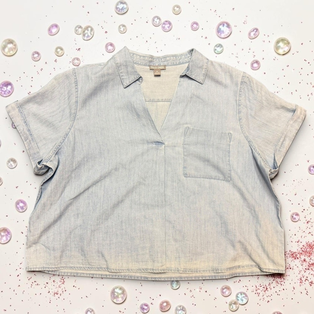 Falls Creek - Women 1X Light Wash Denim Blue Short Sleeve Boxy Top - *NWT*